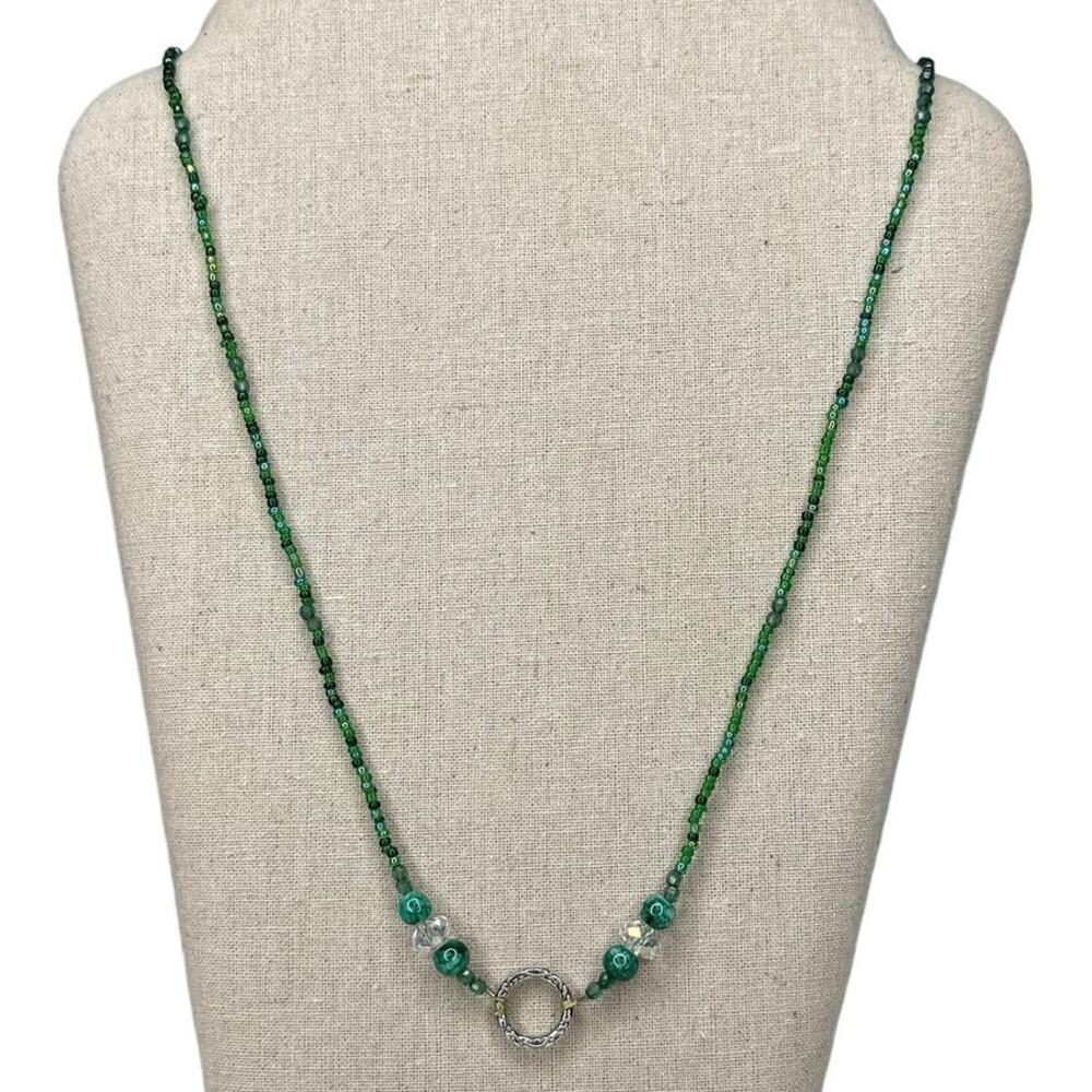 Artisan Green Seed Bead Necklace Silver Tone Ring Pendant Boho Handmade